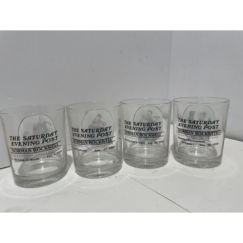 Vintage THE SATURDAY EVENING POST NORMAL ROCKWELL 4 GLASS SET COLLECTION